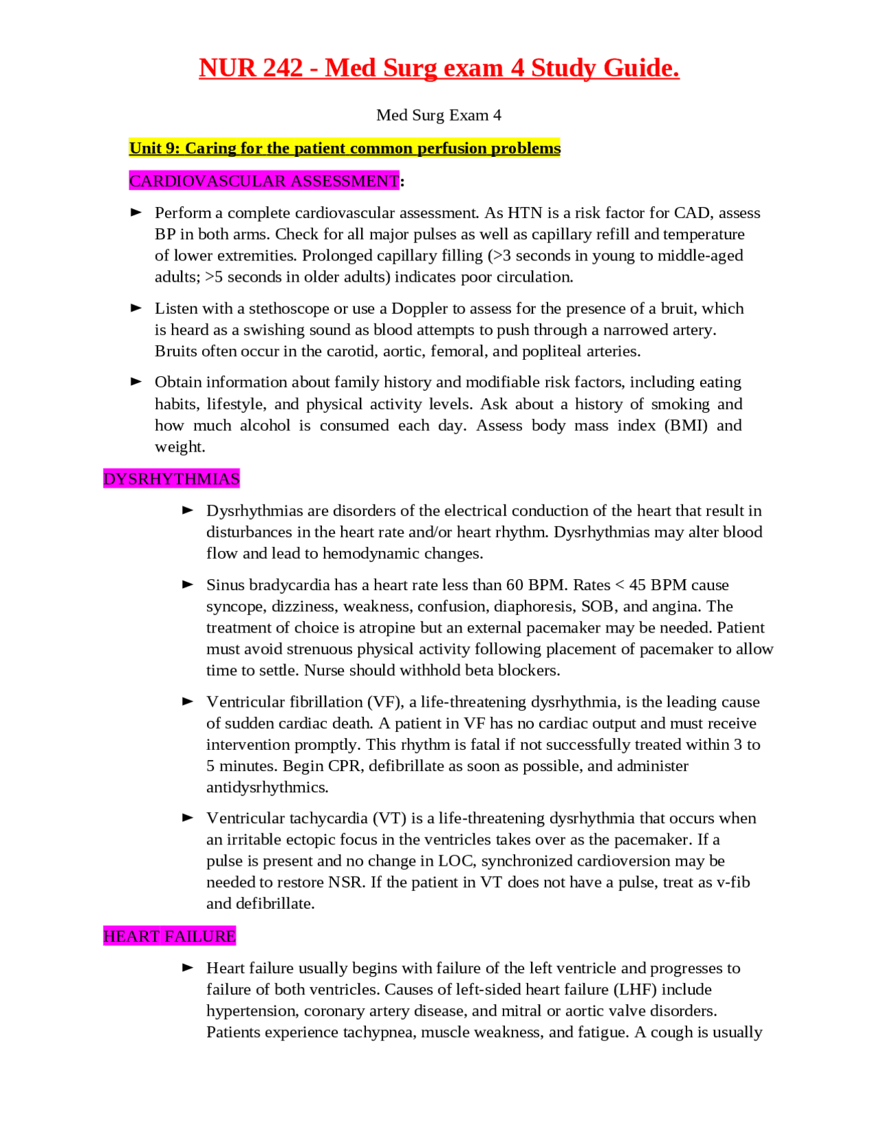 NUR 242 - Med Surg exam 4 Study Guide. - Docsity