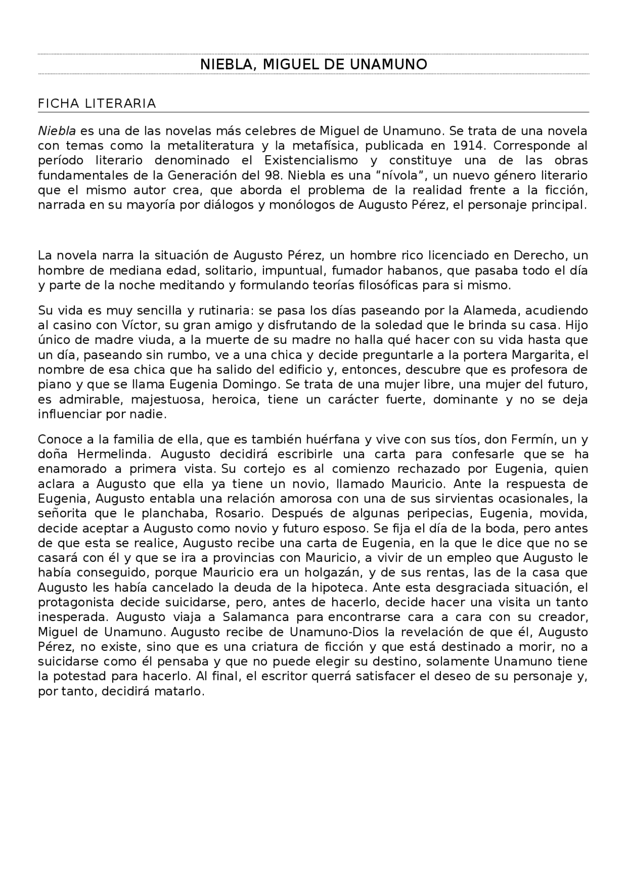 Resumen Niebla Miguel De Unamuno Resumen de Niebla, Miguel de Unamuno | Appunti di Spagnolo | Docsity