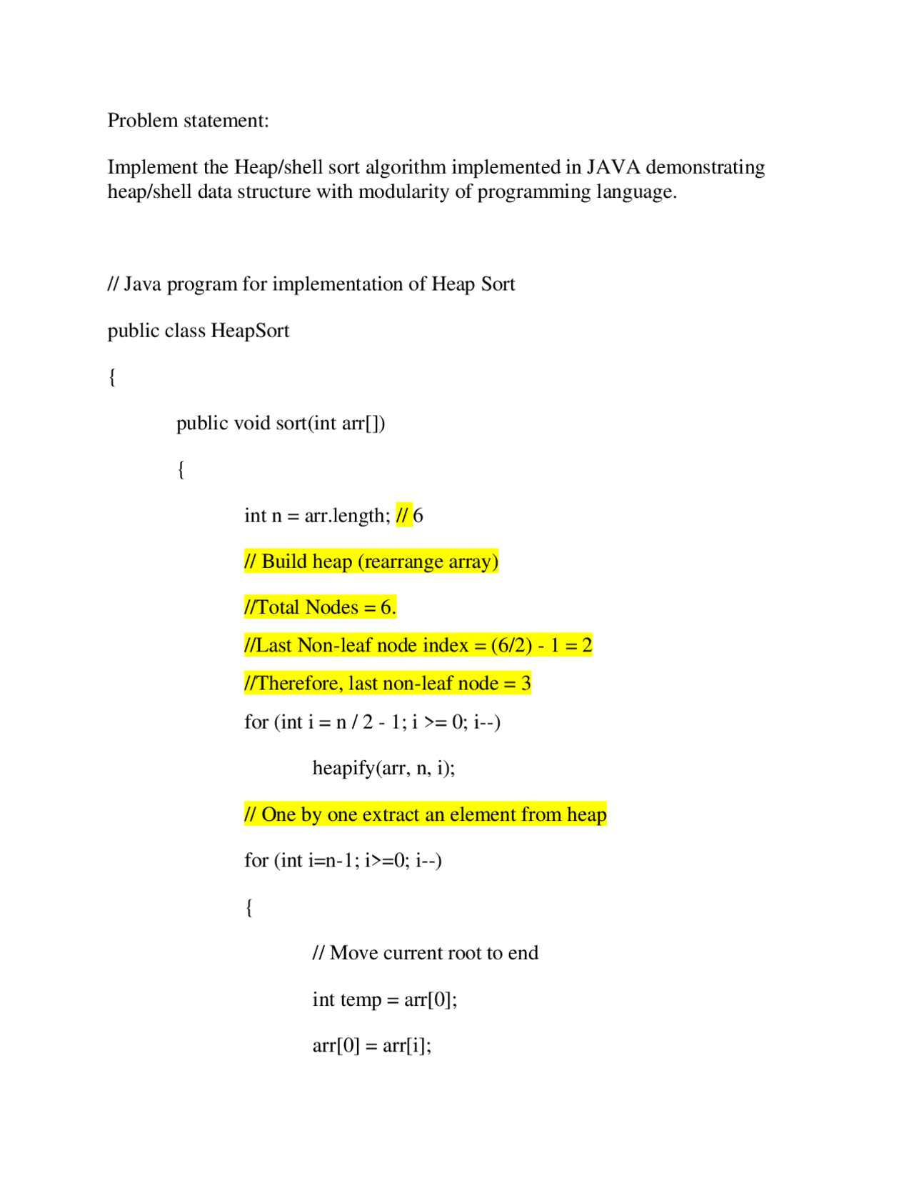 Java Code for Heap Sort - Docsity