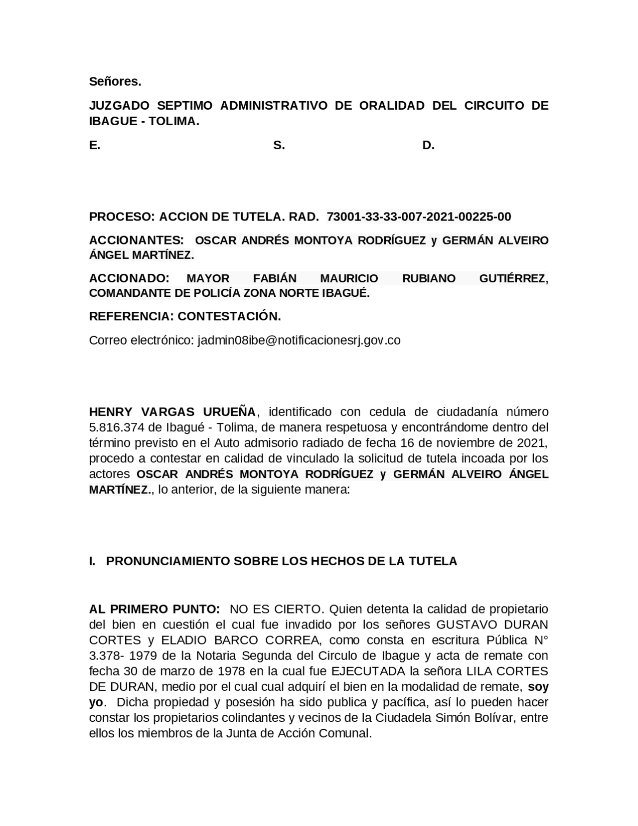 Modelo contestación Tutela perturbación de domicilio | Ejercicios de ...