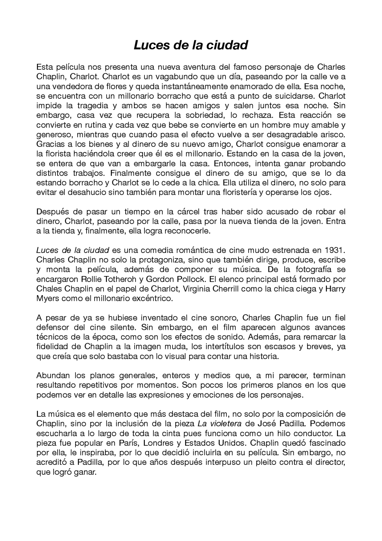 Ficha Luces de la ciudad Docsity