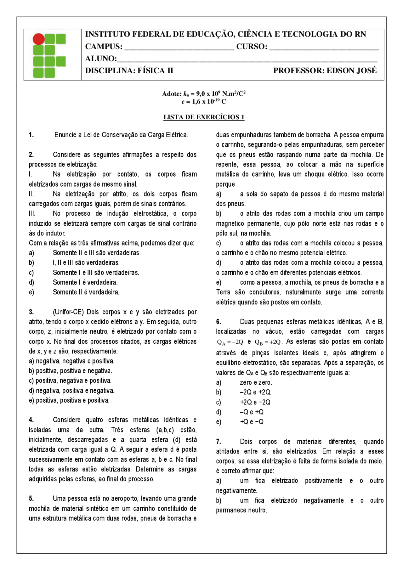 Lista de exercicios 1 - Fisica II - Docsity