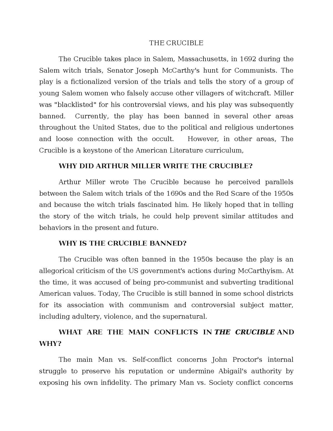 The Crucible - Obra escrita por Miller - Docsity