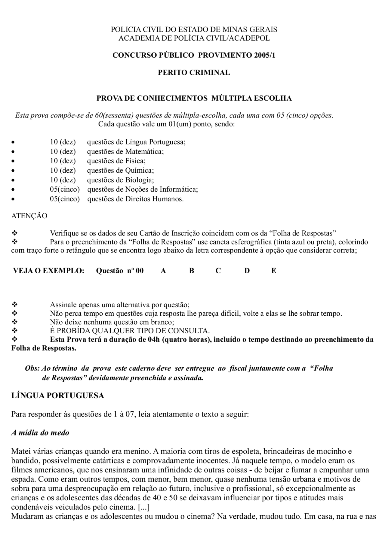 Prova Perito Criminal PCMG 2005 - Docsity