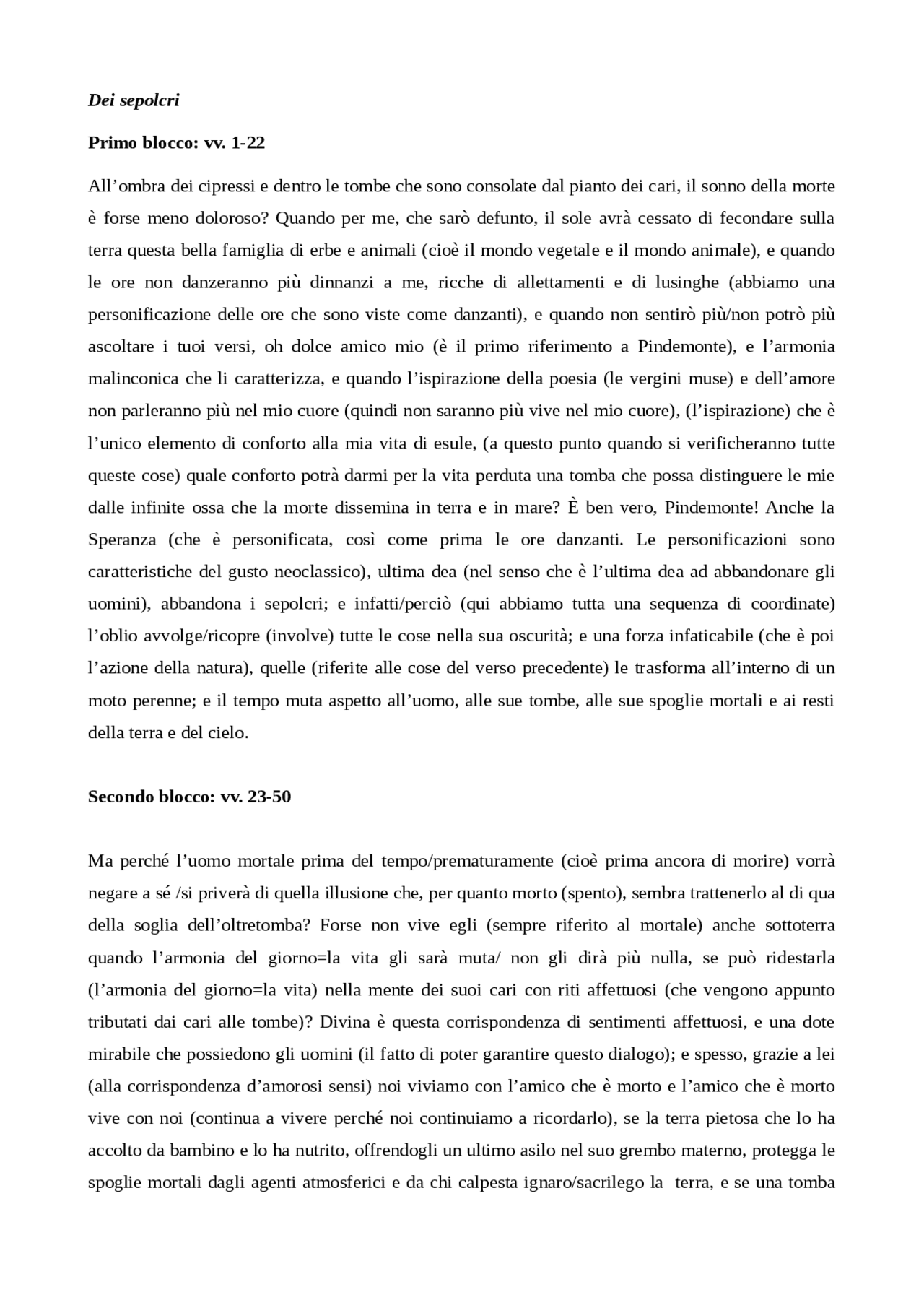 dei sepolcri testo e parafrasi