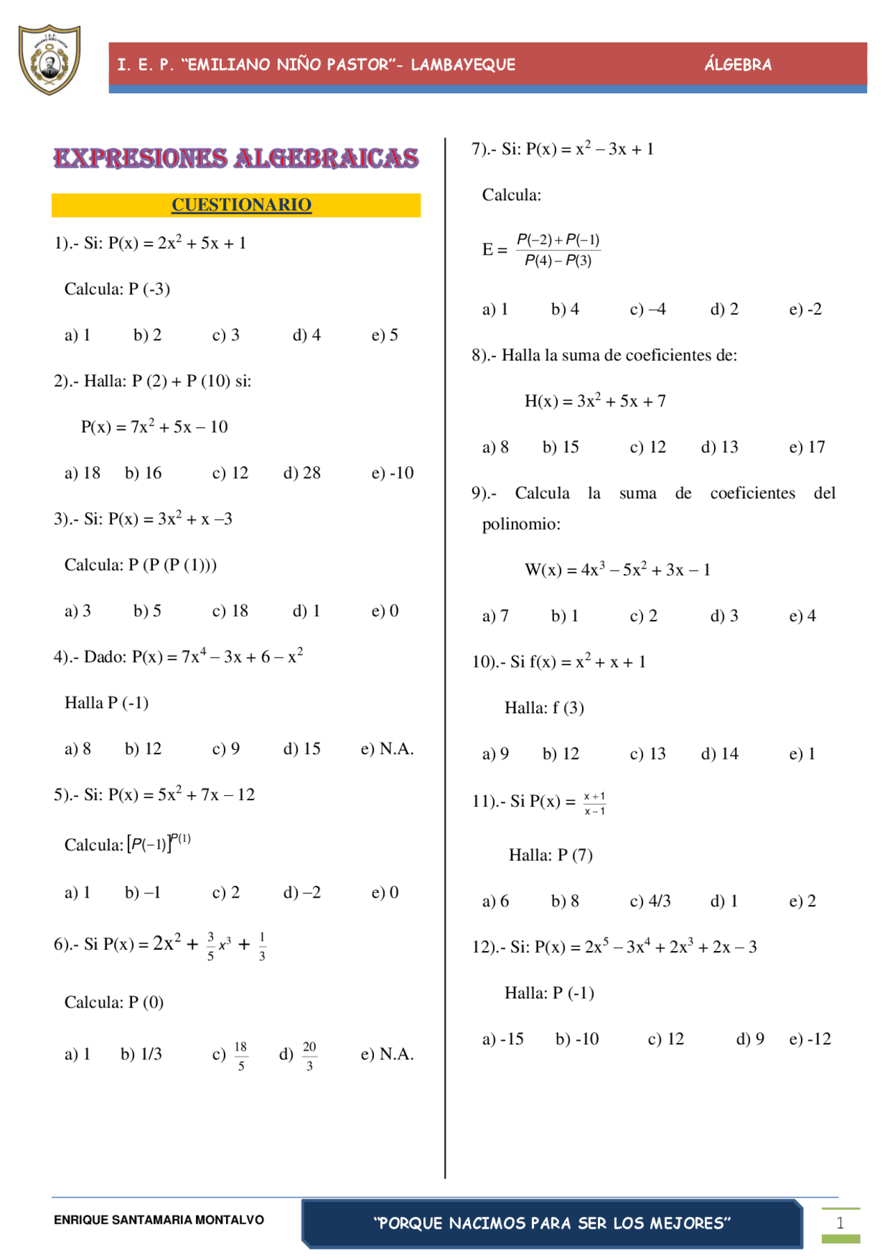 EXPRESIONES ALGEBRAICAS | Ejercicios de Matemáticas - Docsity