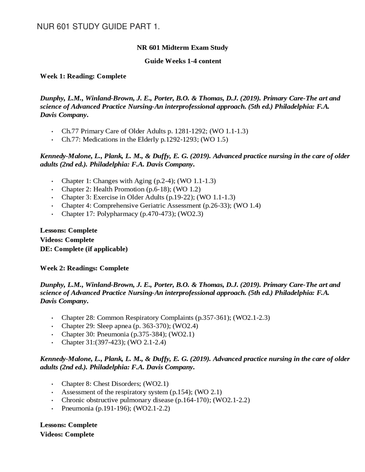 NUR 601 STUDY GUIDE PART 1. - Docsity