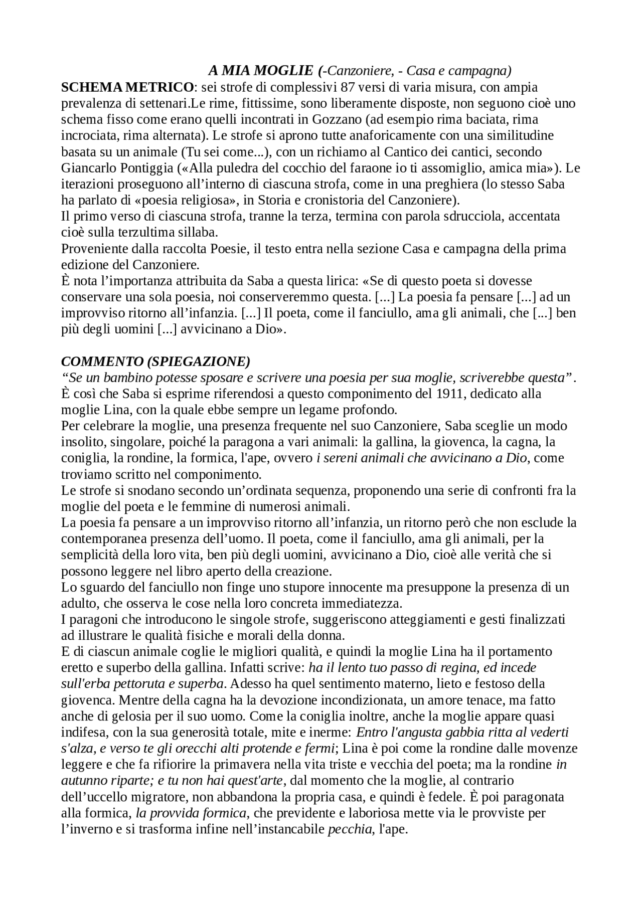 A mia moglie di Umberto Saba Appunti di Letteratura Italiana Docsity A mia moglie di Umberto Saba Appunti di Letteratura Italiana Docsity