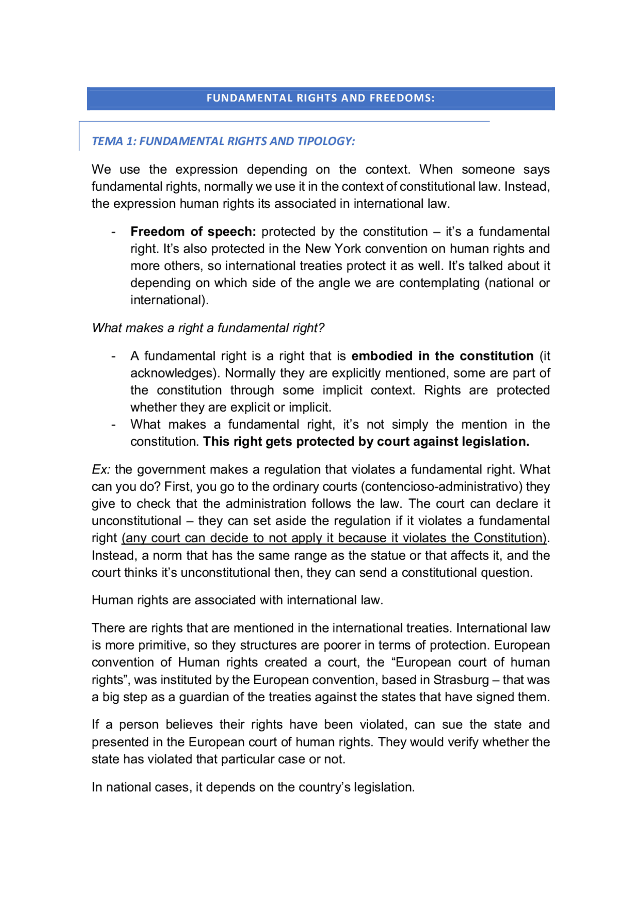 Apuntes clases fundamental rights and freedoms - Docsity