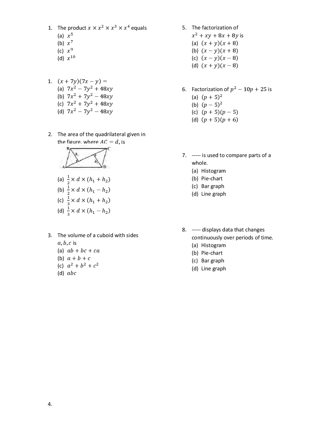 Maths for 8th , multiple choice questions - Docsity