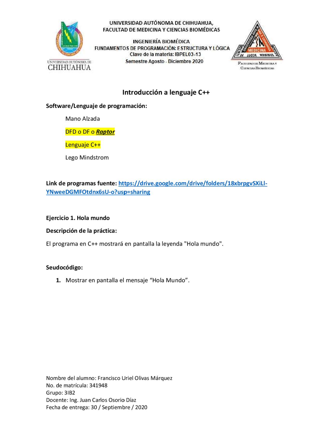 Hola mundo en C++ y Raptor - Docsity