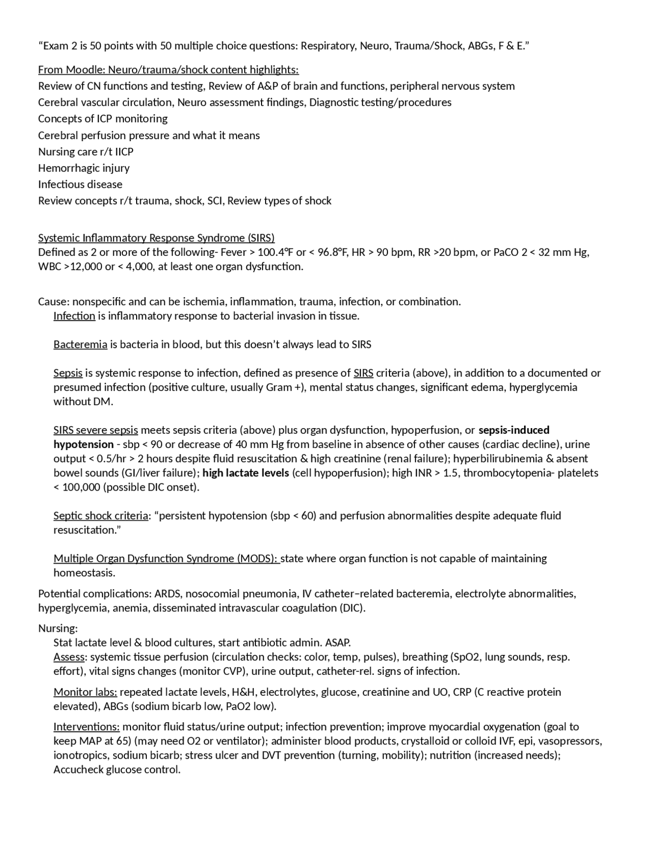MEDSURG 2 NUR 265Neuro, Shock, and SIRS Questions. - Docsity