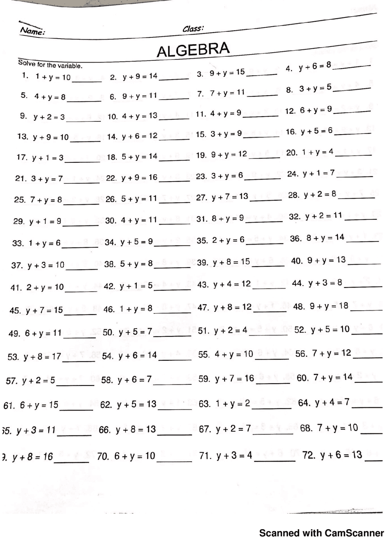 Algebra practice with variables - Docsity
