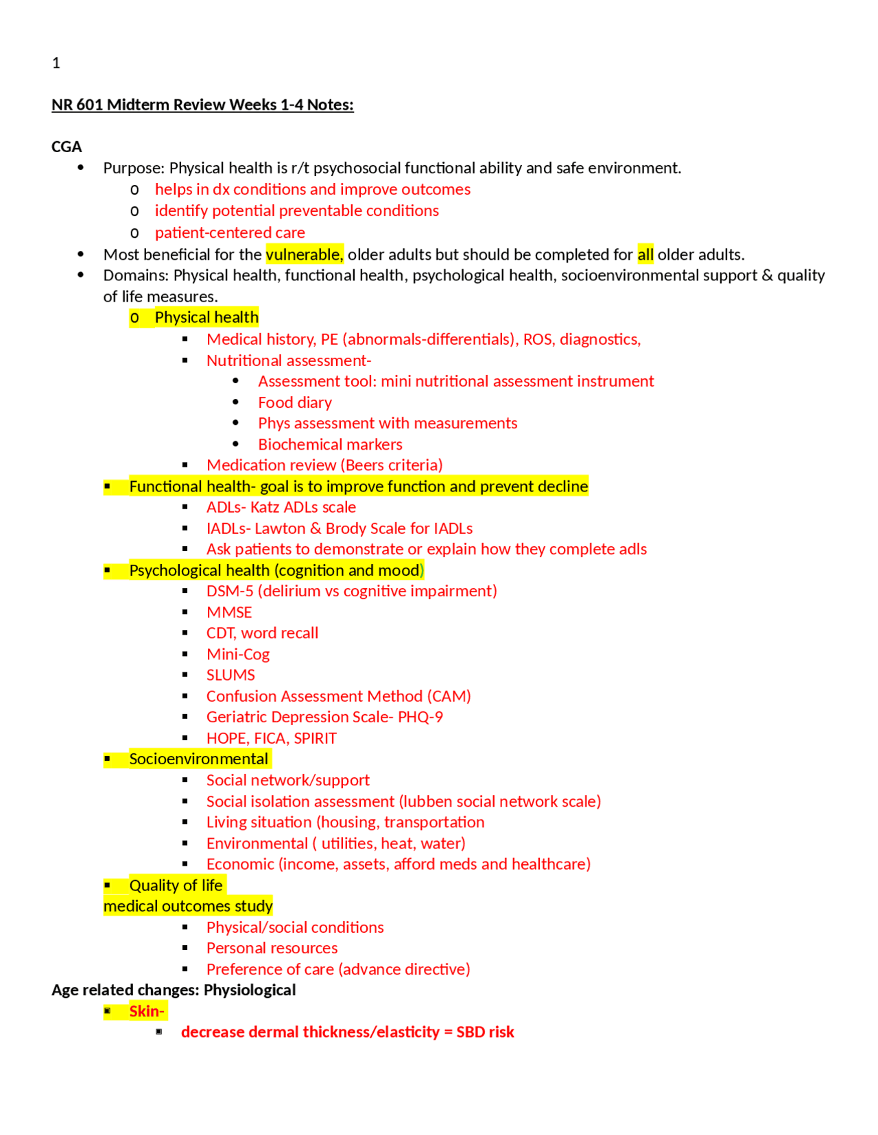 NUR 601 STUDY GUIDE PART 1. | Exams Biology | Docsity