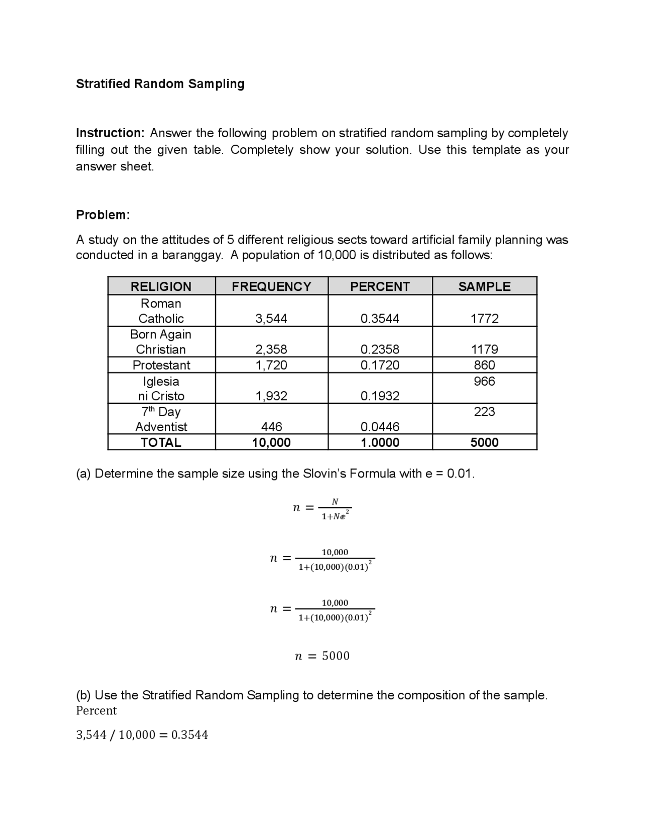 Stratified Random Sampling Problem Example - Docsity