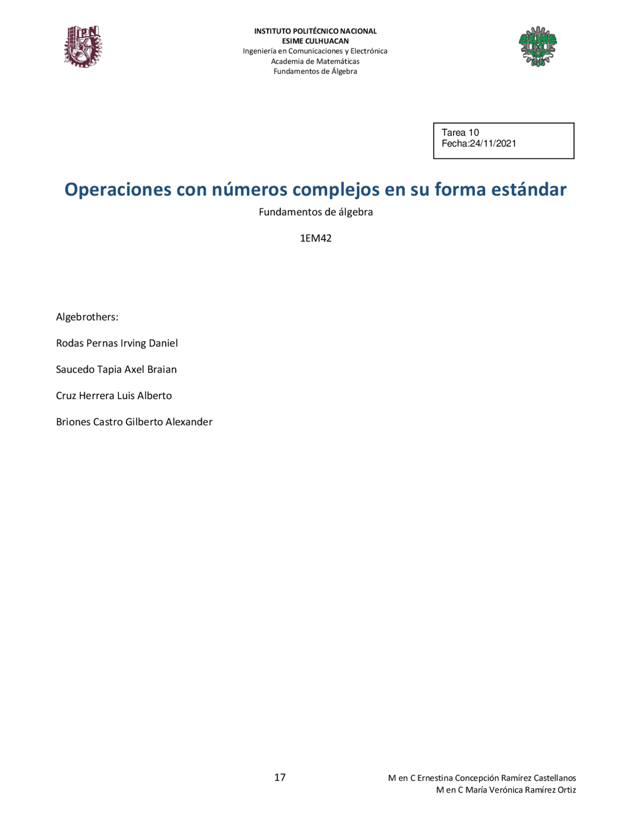Operaciones de numeros complejos | Ejercicios de Álgebra | Docsity