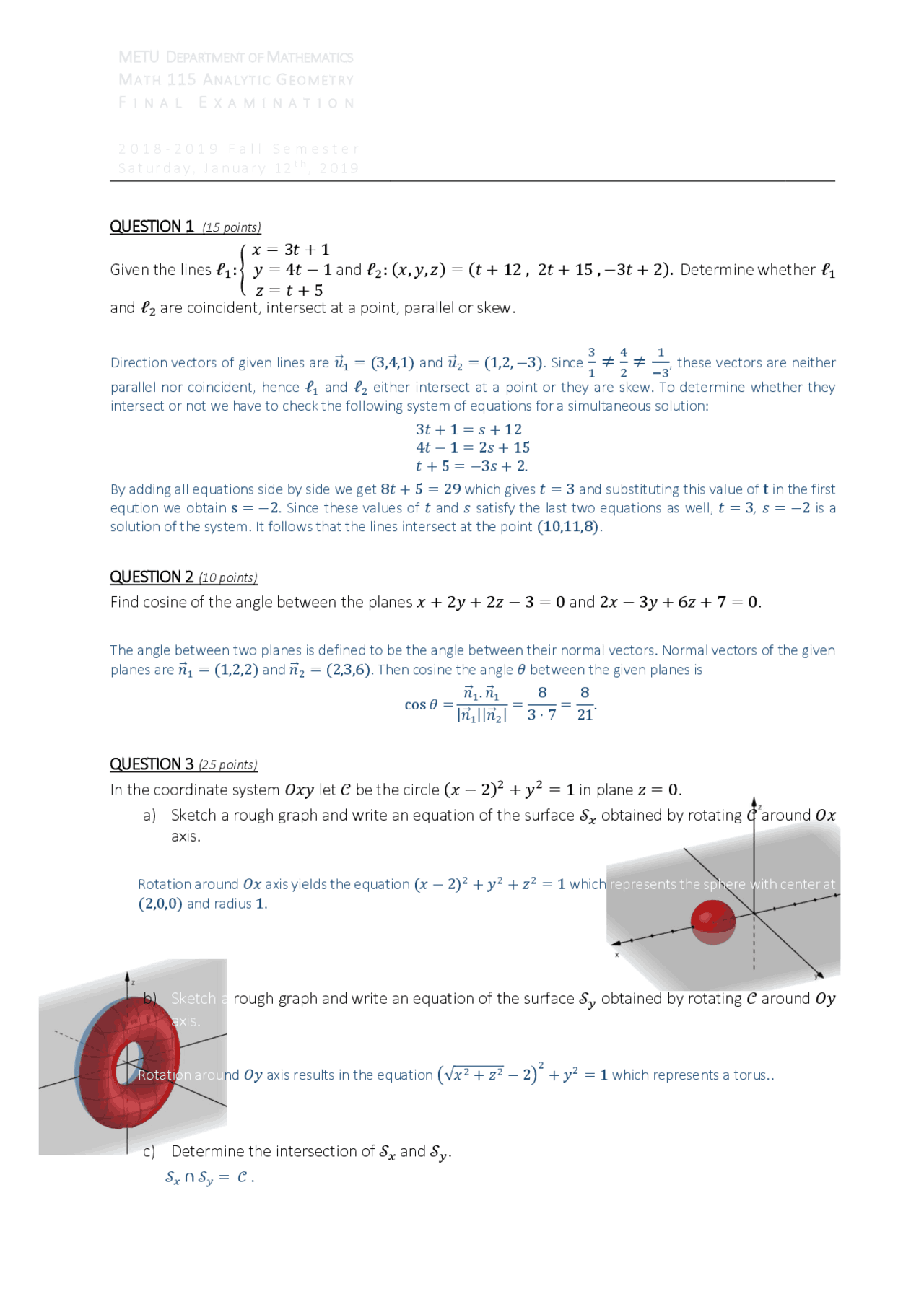 Analytical geometry Math 115 final exam questions | Exams Analytical ...