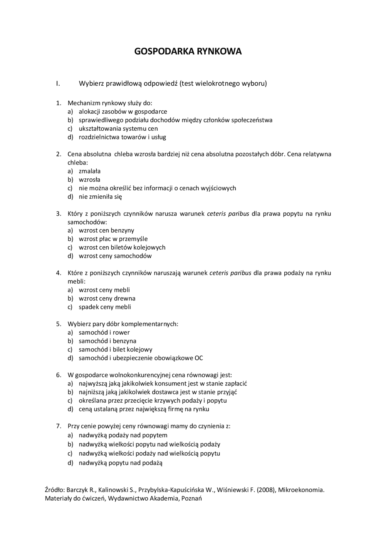 Gospodarka rynkowa - zadania (uep) 2021/2022 - Docsity