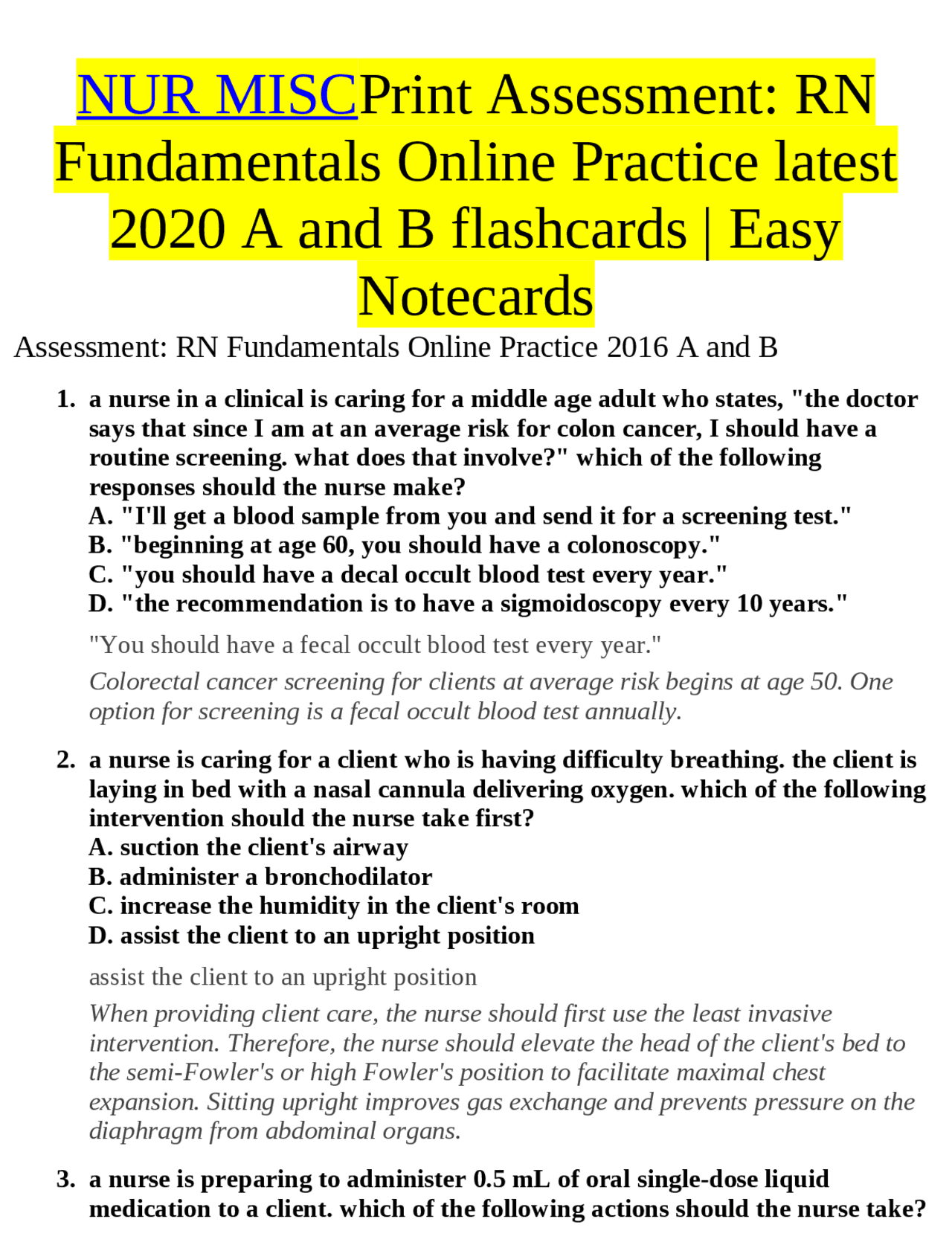 NUR MISCPrint Assessment RN Fundamentals Online Practice latest 2025 A