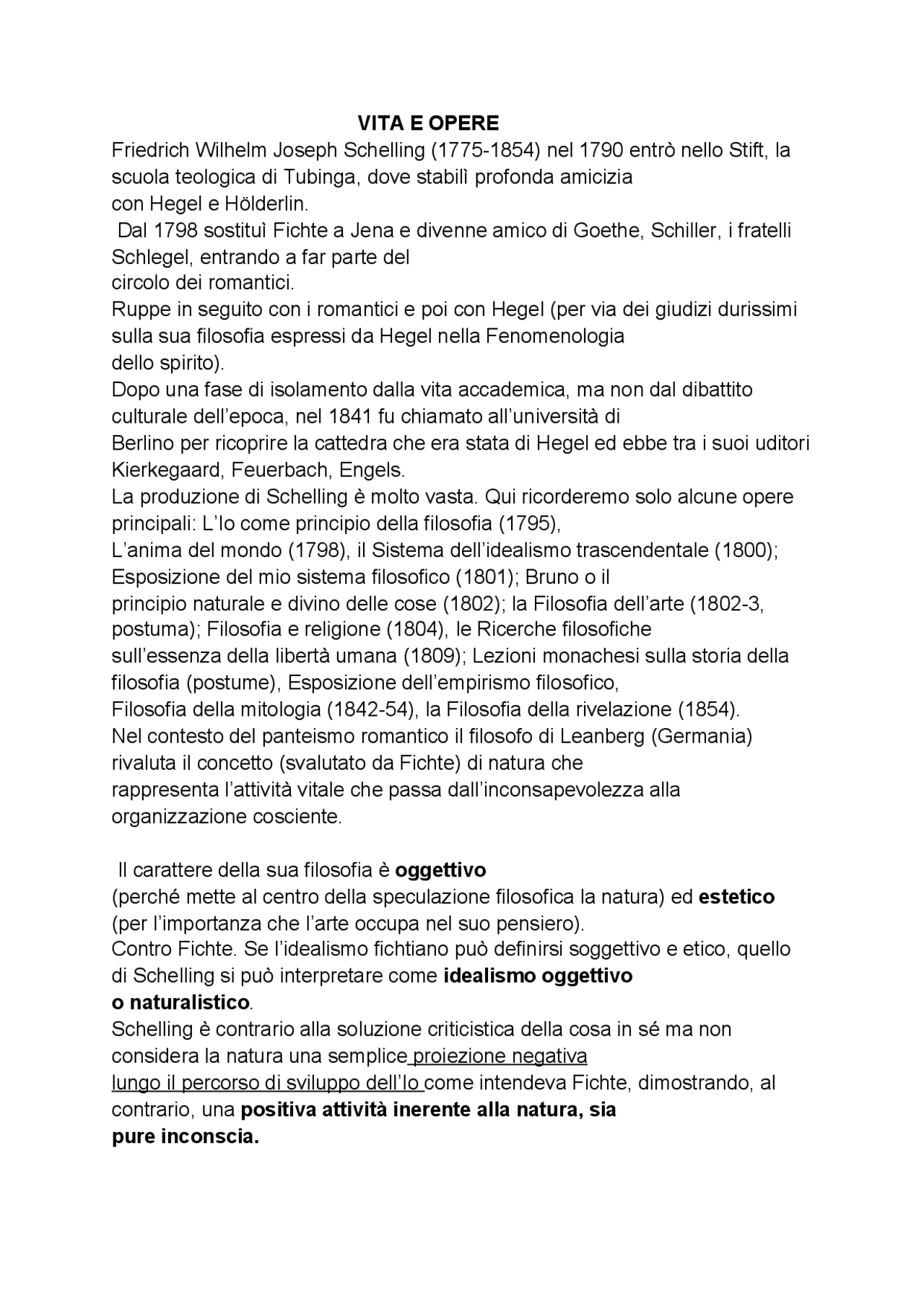 Schema su schelling: vita, opere e pensiero - Docsity