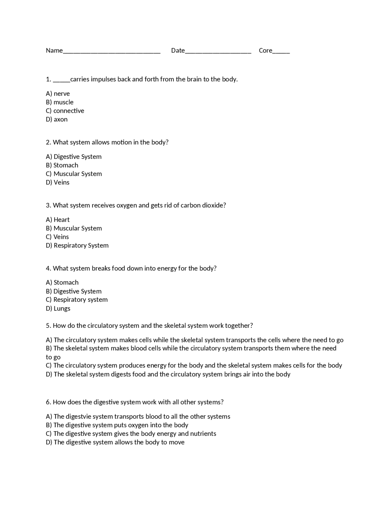 The Human Body system quiz - Docsity