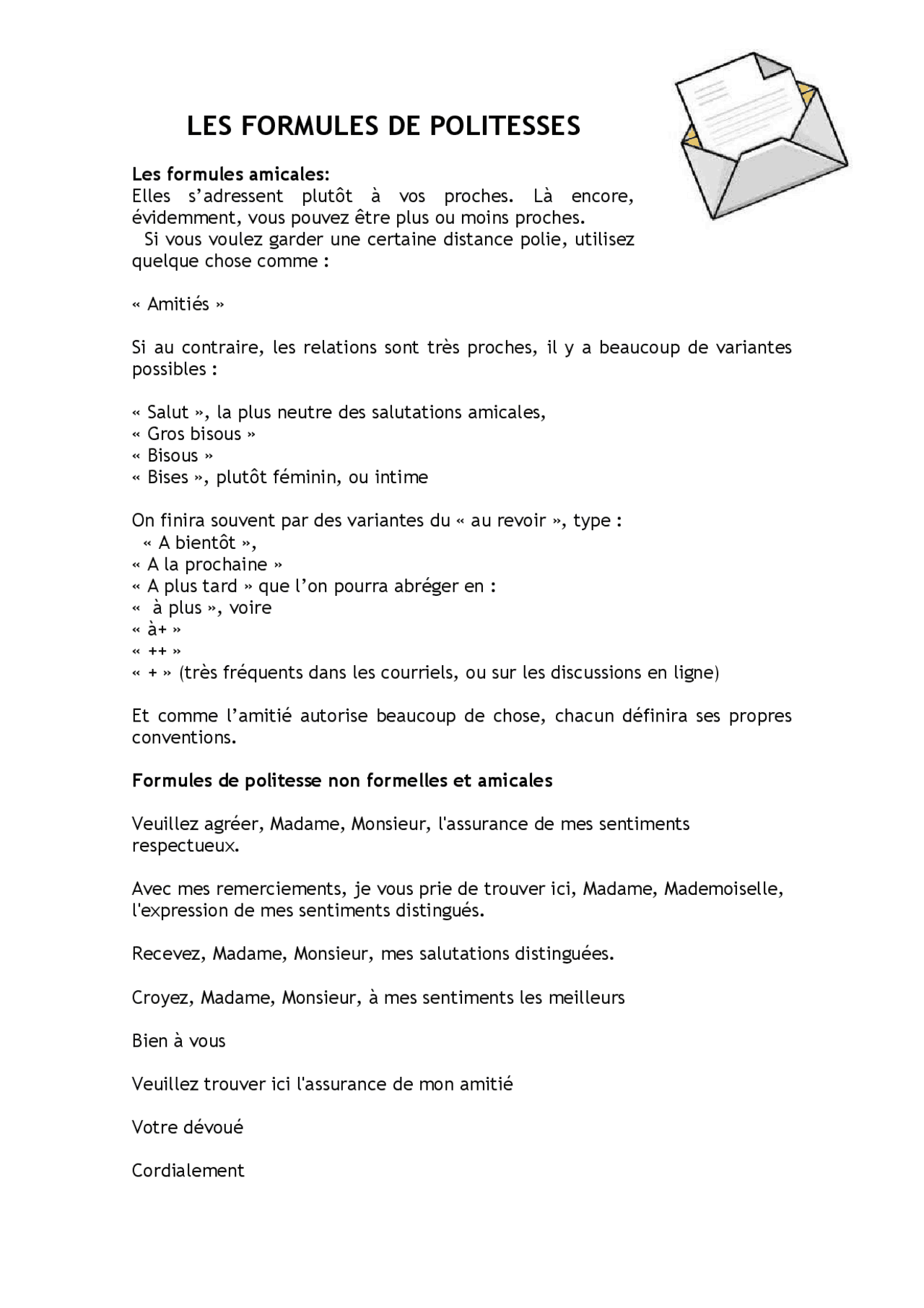 Les formules de politesse amicales Docsity