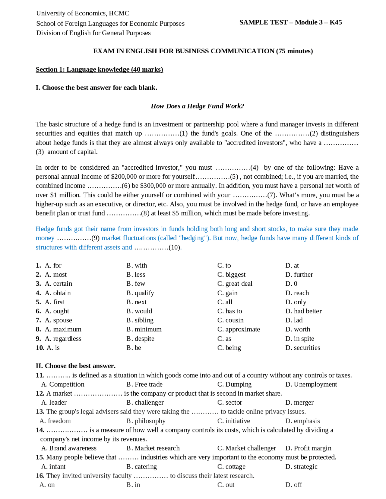 Sample test UEH Business English | Exercises Business English | Docsity