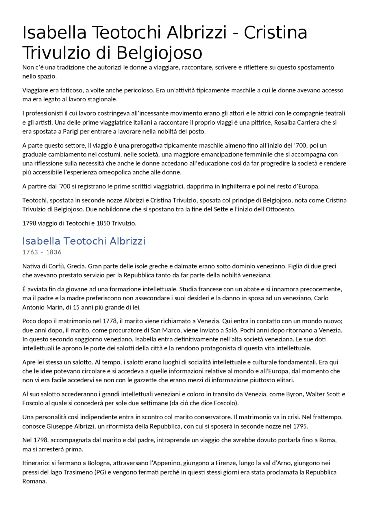 Isabella Teotochi Albrizzi e Cristina Trivulzio di Belgiojoso Docsity
