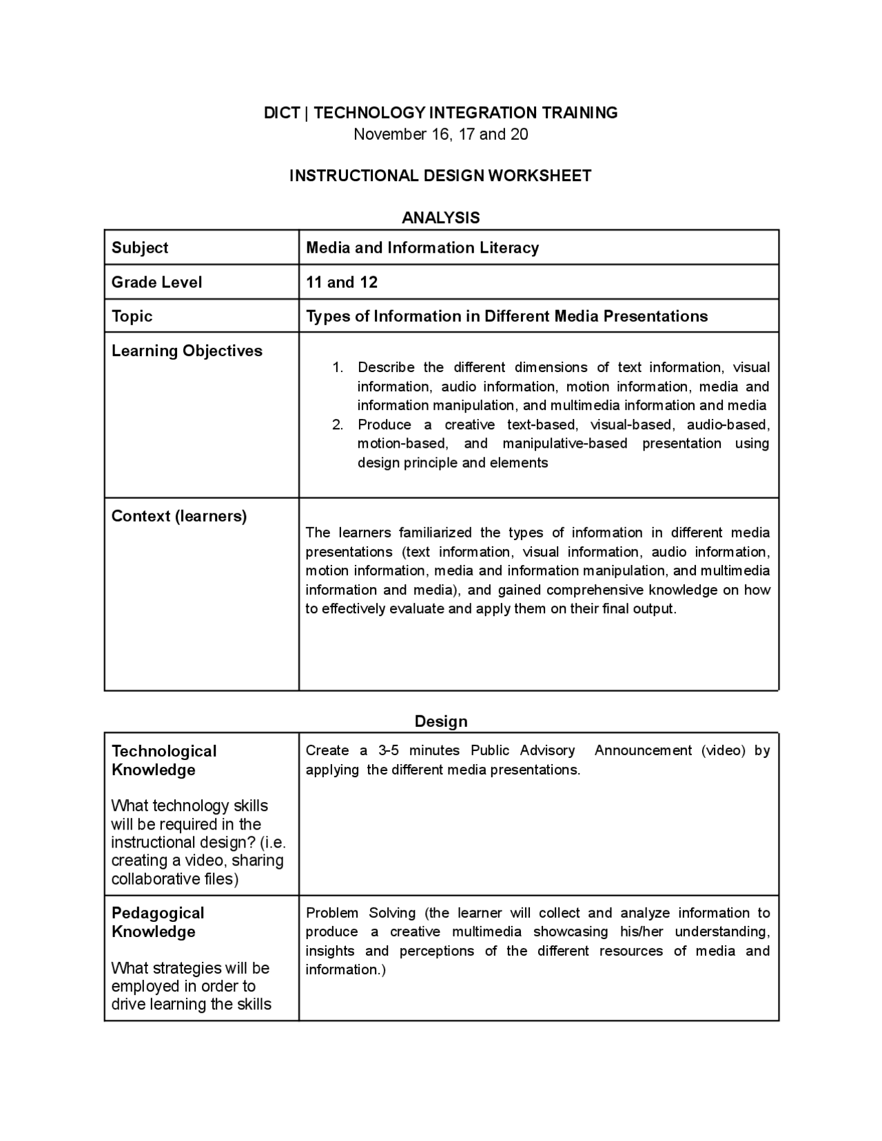 Instructional Design on Media and Information Literacy | Assignments ...