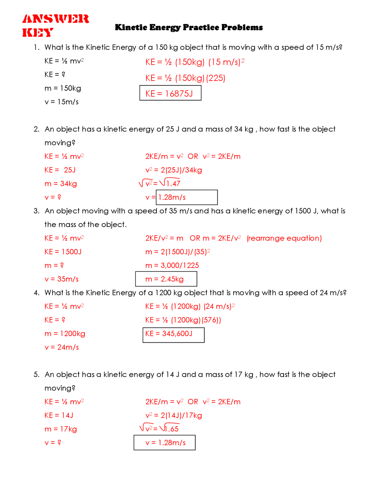 Kinetic Energy Practice worksheet | Study notes Physics | Docsity