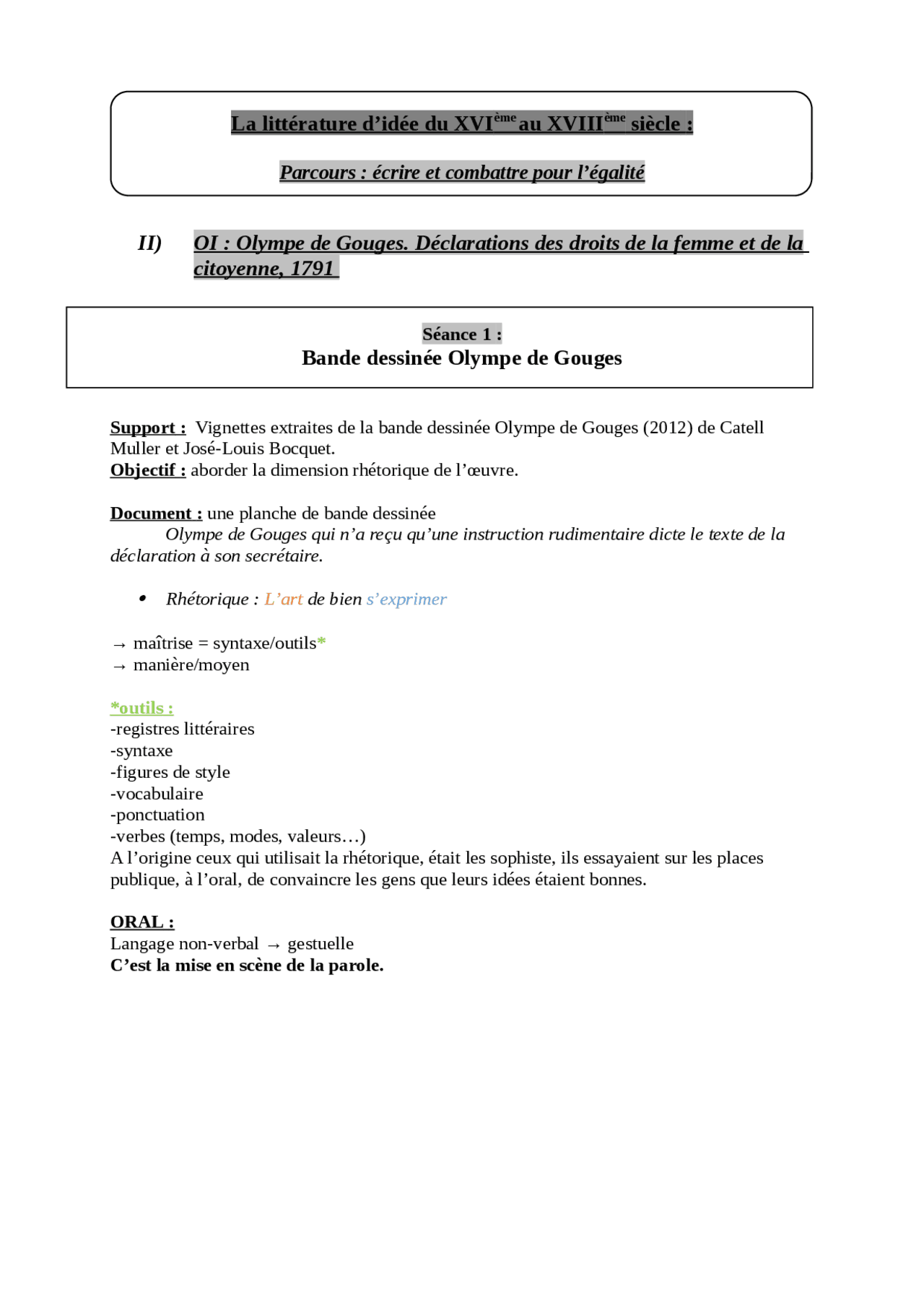 Cours sur Olympe de Gouges | Transcriptions Français | Docsity