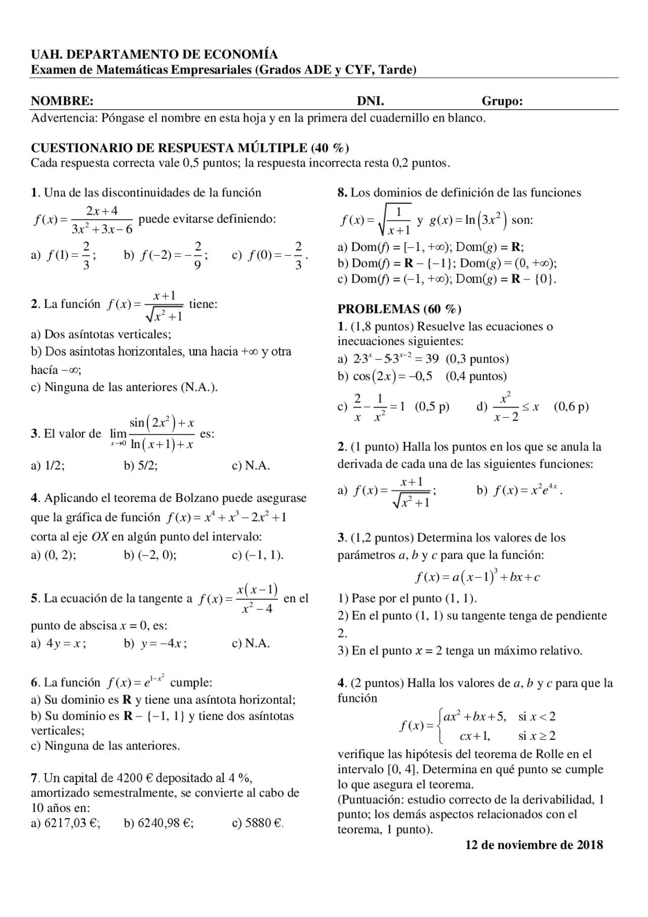 Examen De Matemáticas 2018 Docsity Examen De Matemáticas 2018 Docsity