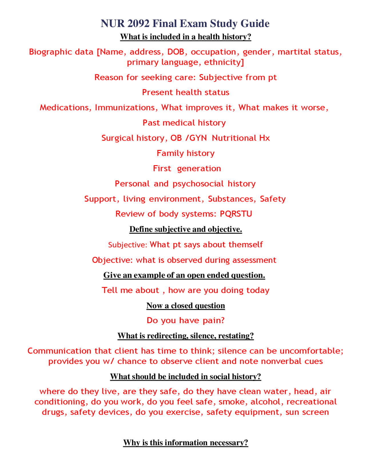 NUR2092 / NUR 2092 Final Exam Study Guide (Latest 2021 / 2022): Health ...