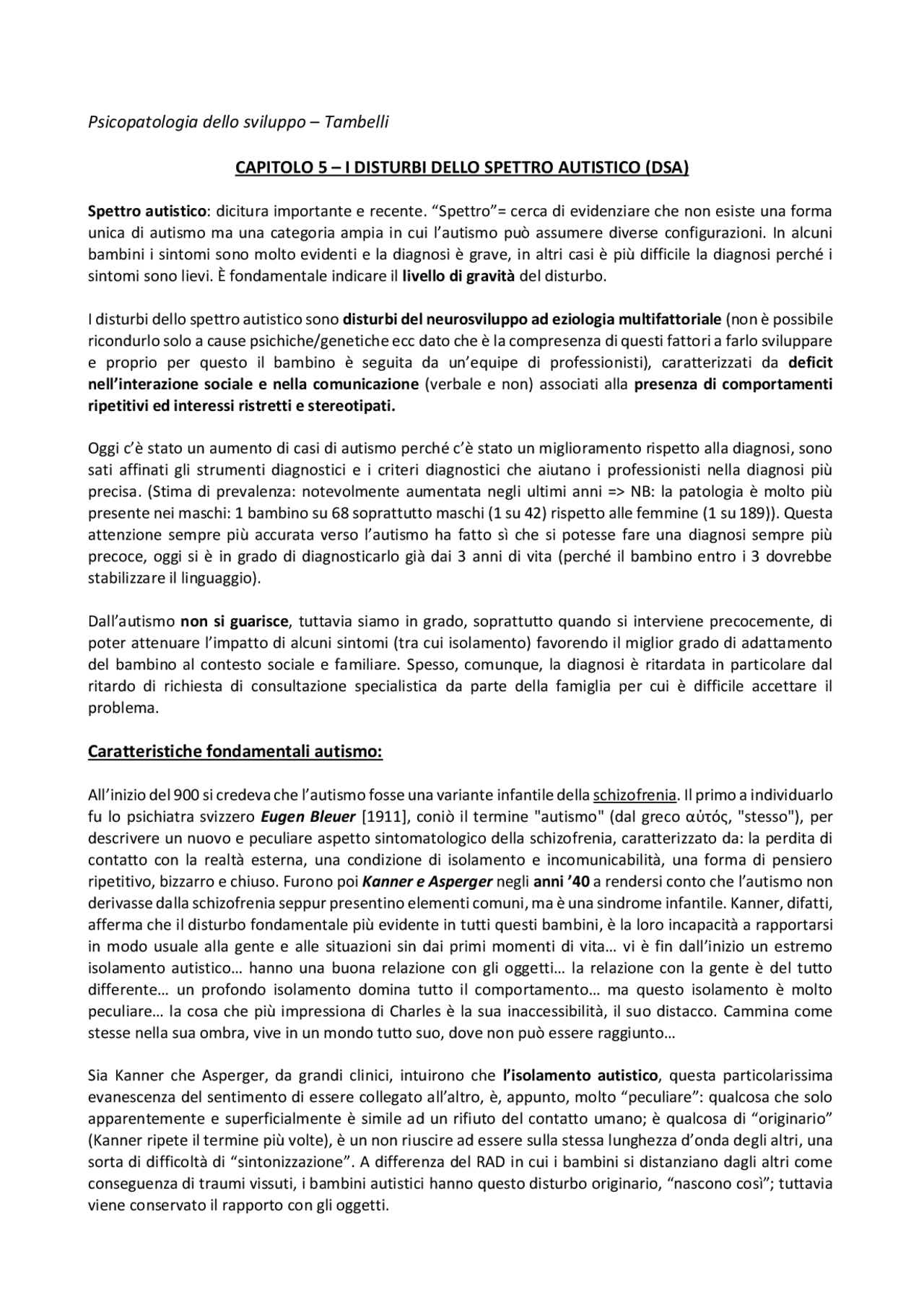 Capitolo 5- I disturbi dello spettro autistico - Docsity