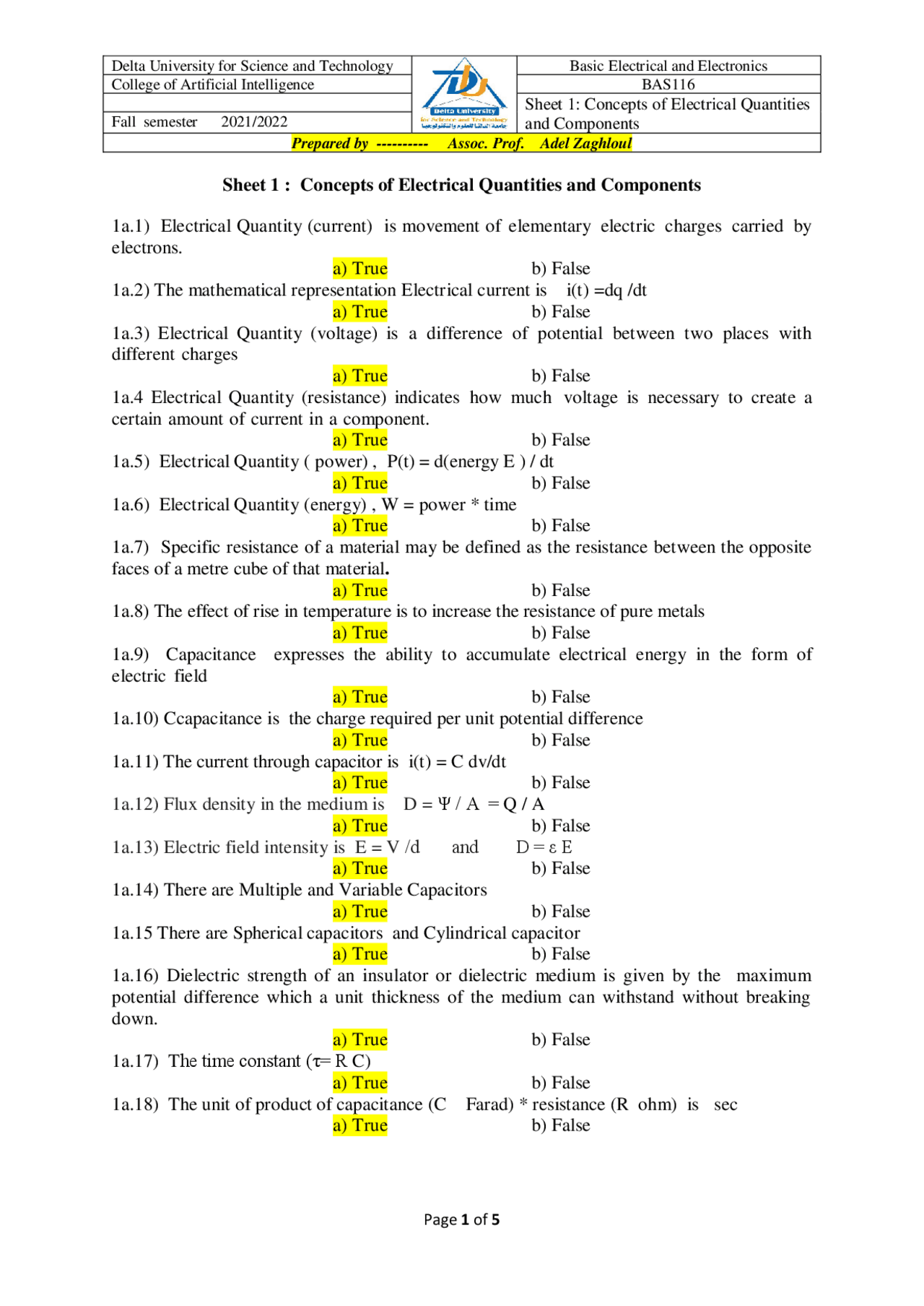 Solved sheet about Concepts of electrical quantities and components ...
