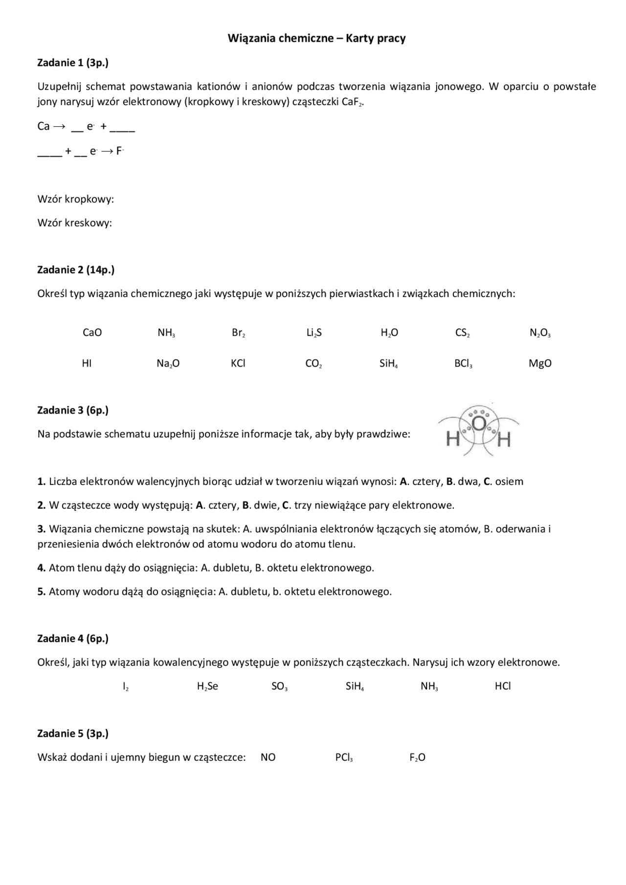 Wiązania chemiczne - zadania | Zadania Chemia | Docsity