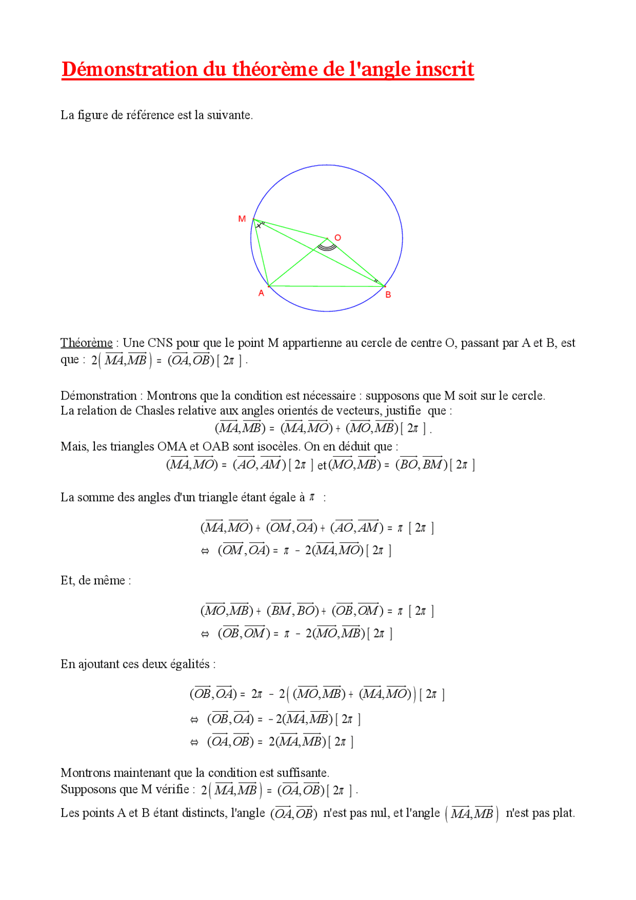 Démonstration du théorème de l'angle inscrit - Docsity