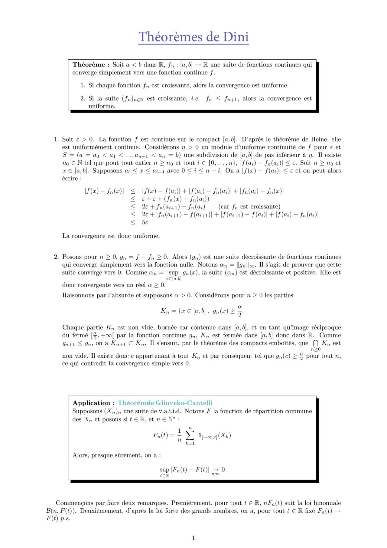 Théorèmes de Dini et Théorème de GlinvekoCantelli Résumés — free download