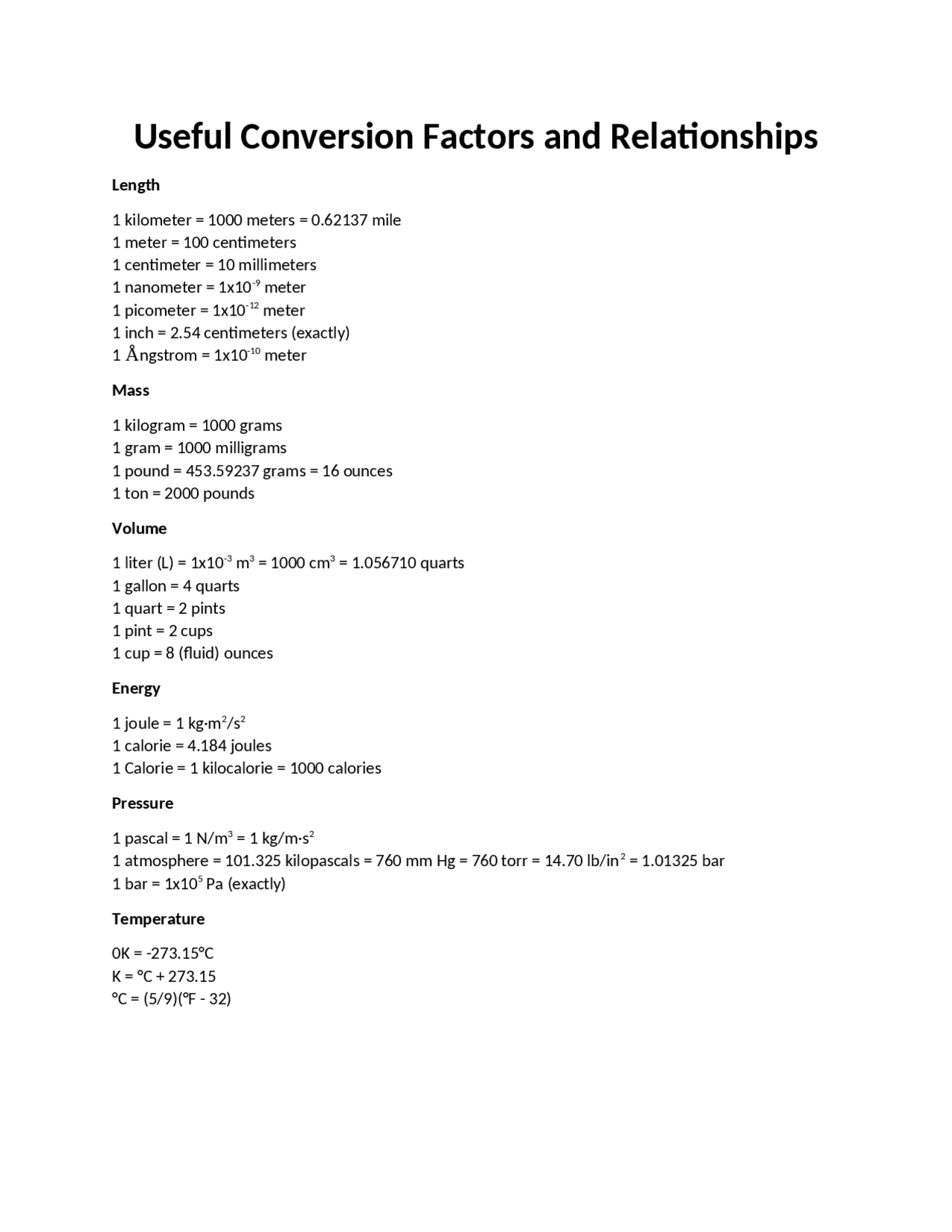 Conversion factors and useful relationships chem 1111 | Cheat Sheet ...