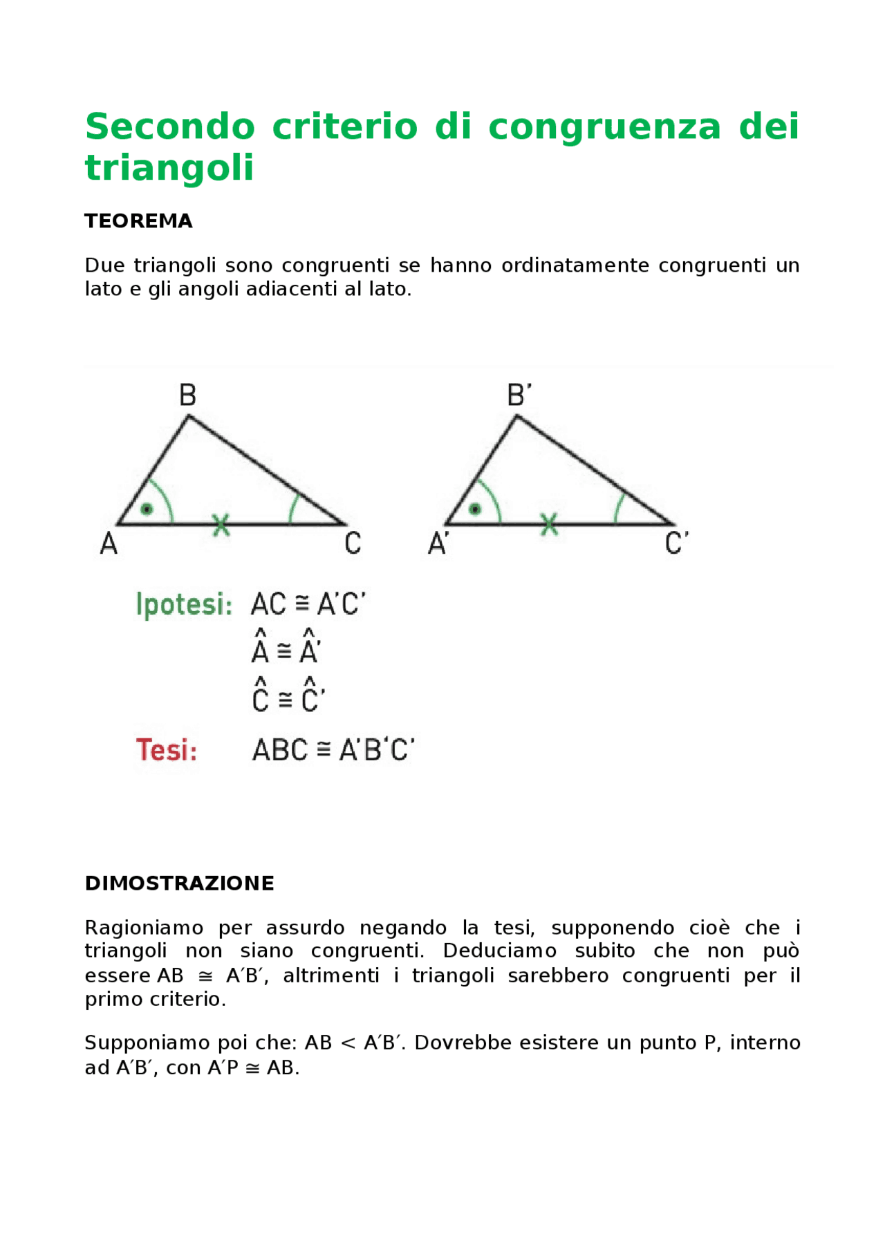 Secondo Criterio di Congruenza dei Triangoli Appunti di Matematica Docsity Secondo Criterio di Congruenza dei Triangoli Appunti di Matematica Docsity
