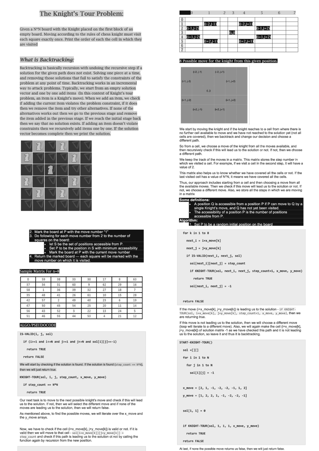 The doc explores the knight tour problem, solution based on ...