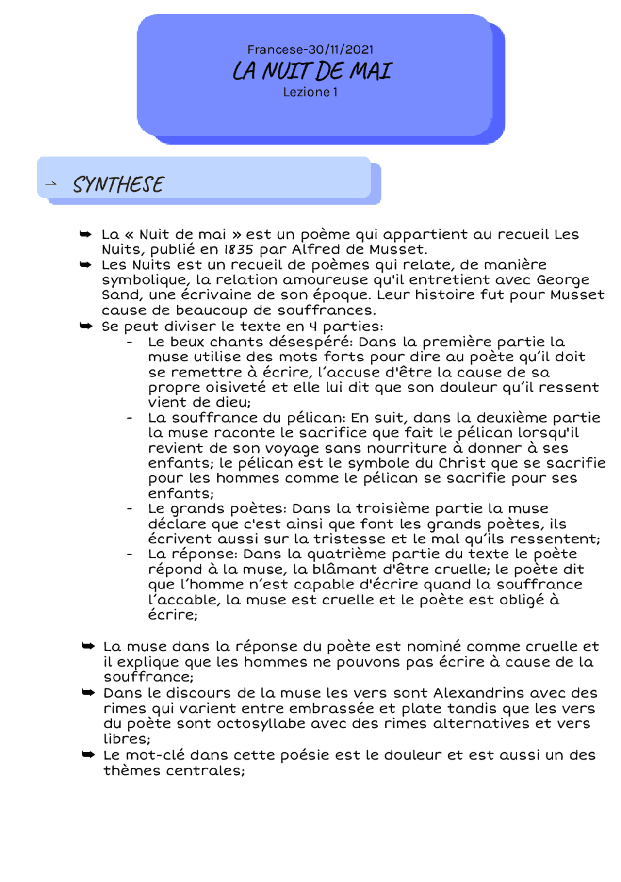 La nuit de Mai Alfred de Musset Appunti di Francese Docsity