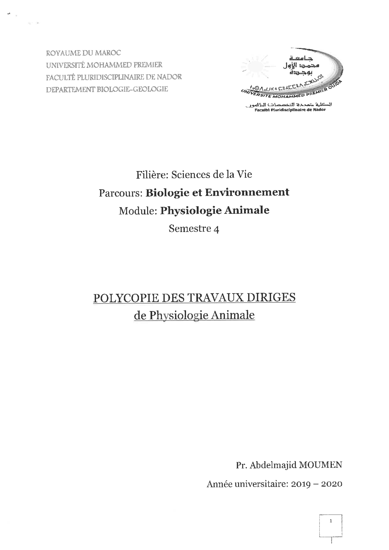 Physiologie animale. Papers Animal Anatomy and Physiology Docsity