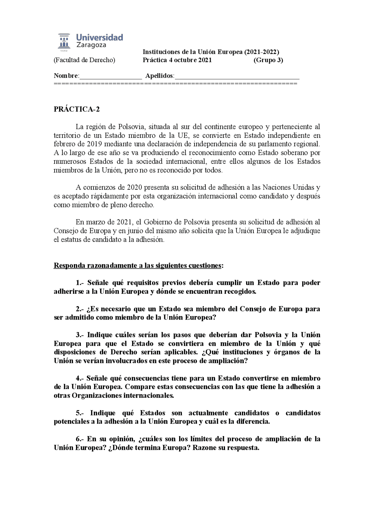 Instituciones de la Unión Europea prácticas sin resolver Docsity