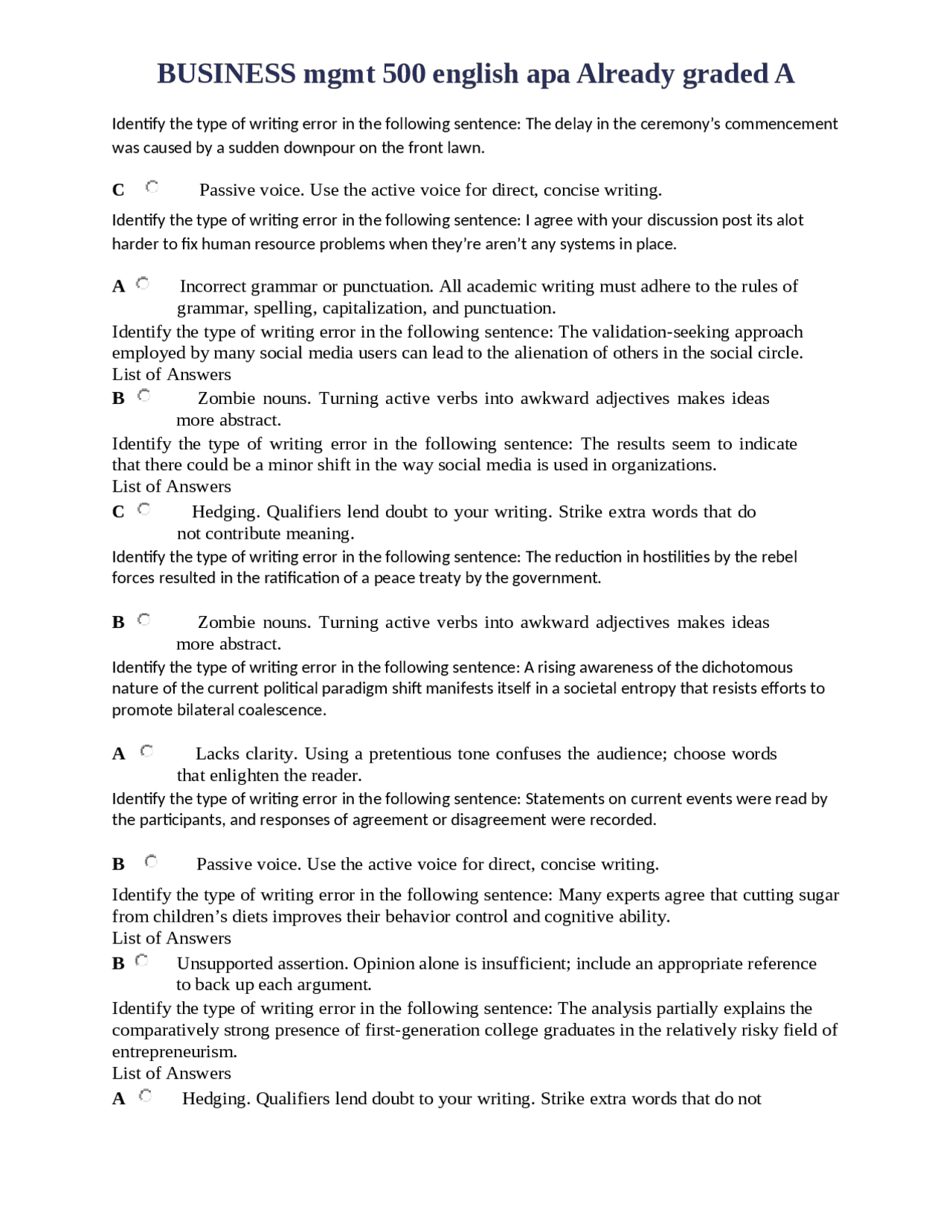 BUSINESS mgmt 500 english apa Already graded A - Docsity