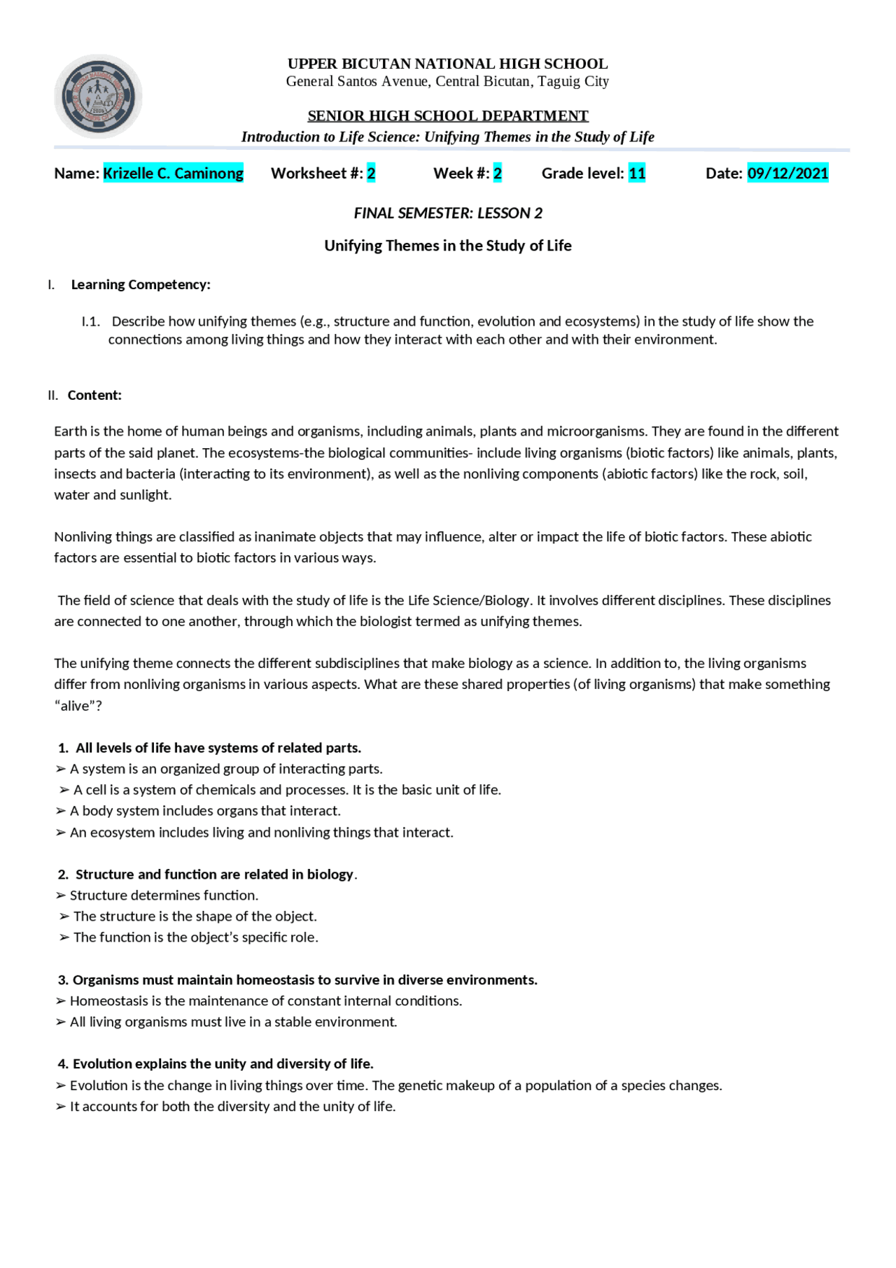 Worksheet 9 in Earth and Life Science | Exercises English ...