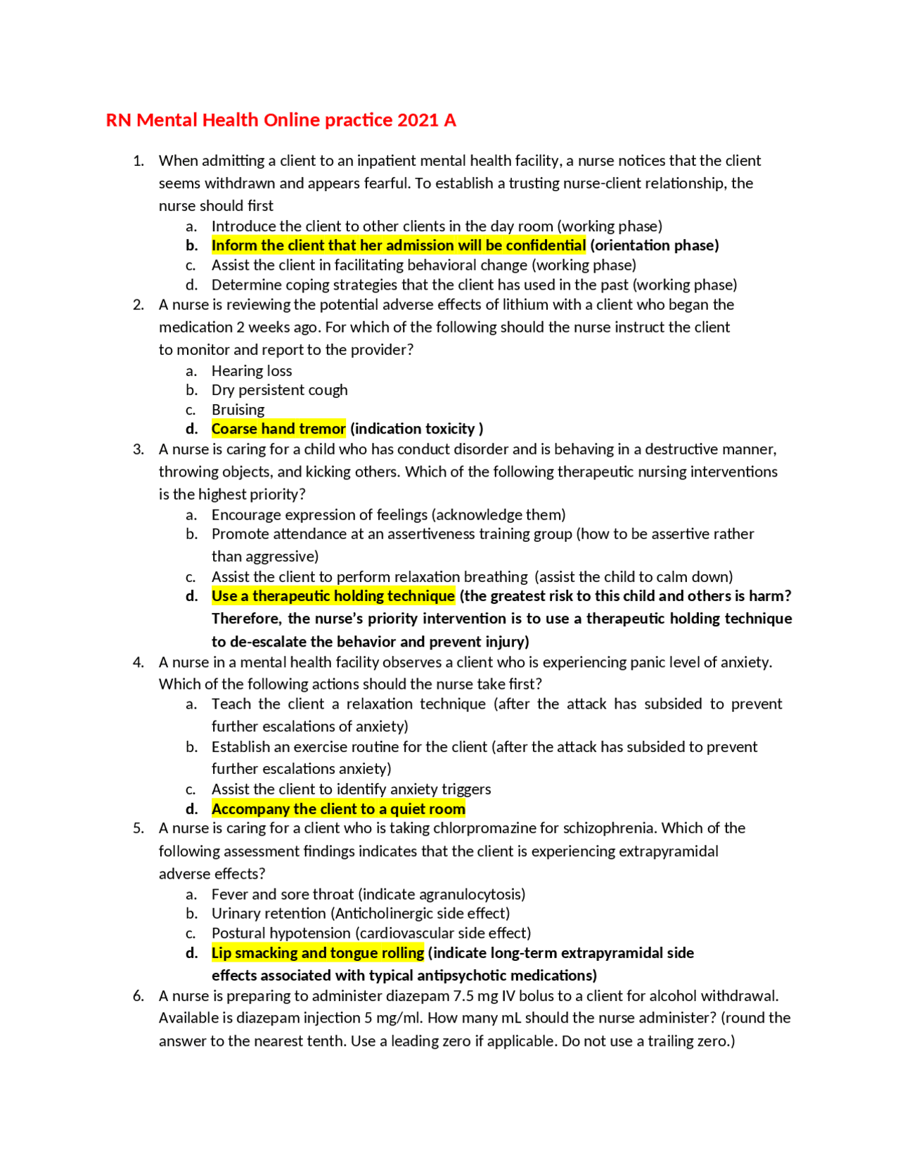 NURSING CORE NURS 222 TI RN Mental Health Online practice 2021 A Docsity