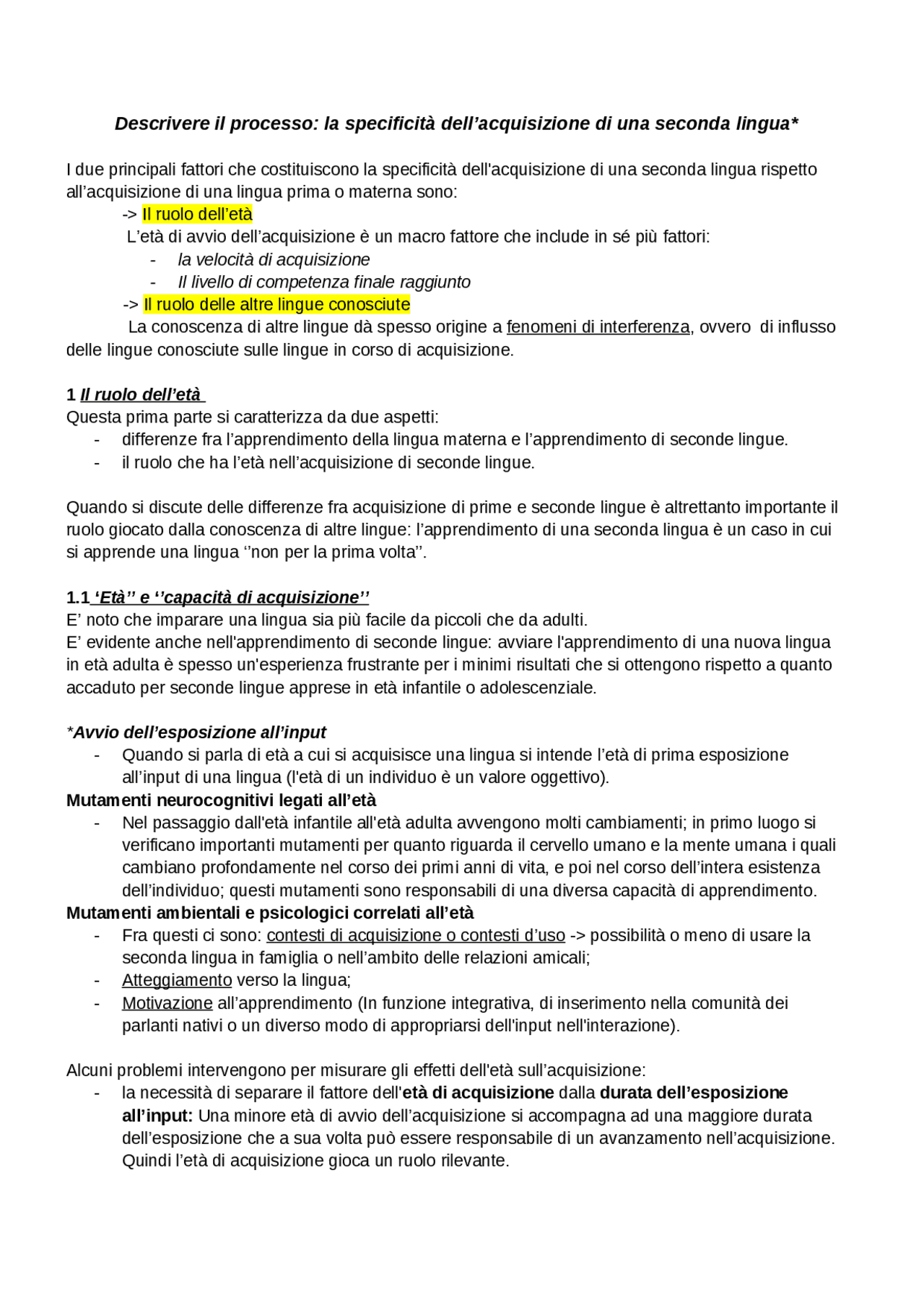 La specificità dell'acquisizione di una seconda lingua - Docsity