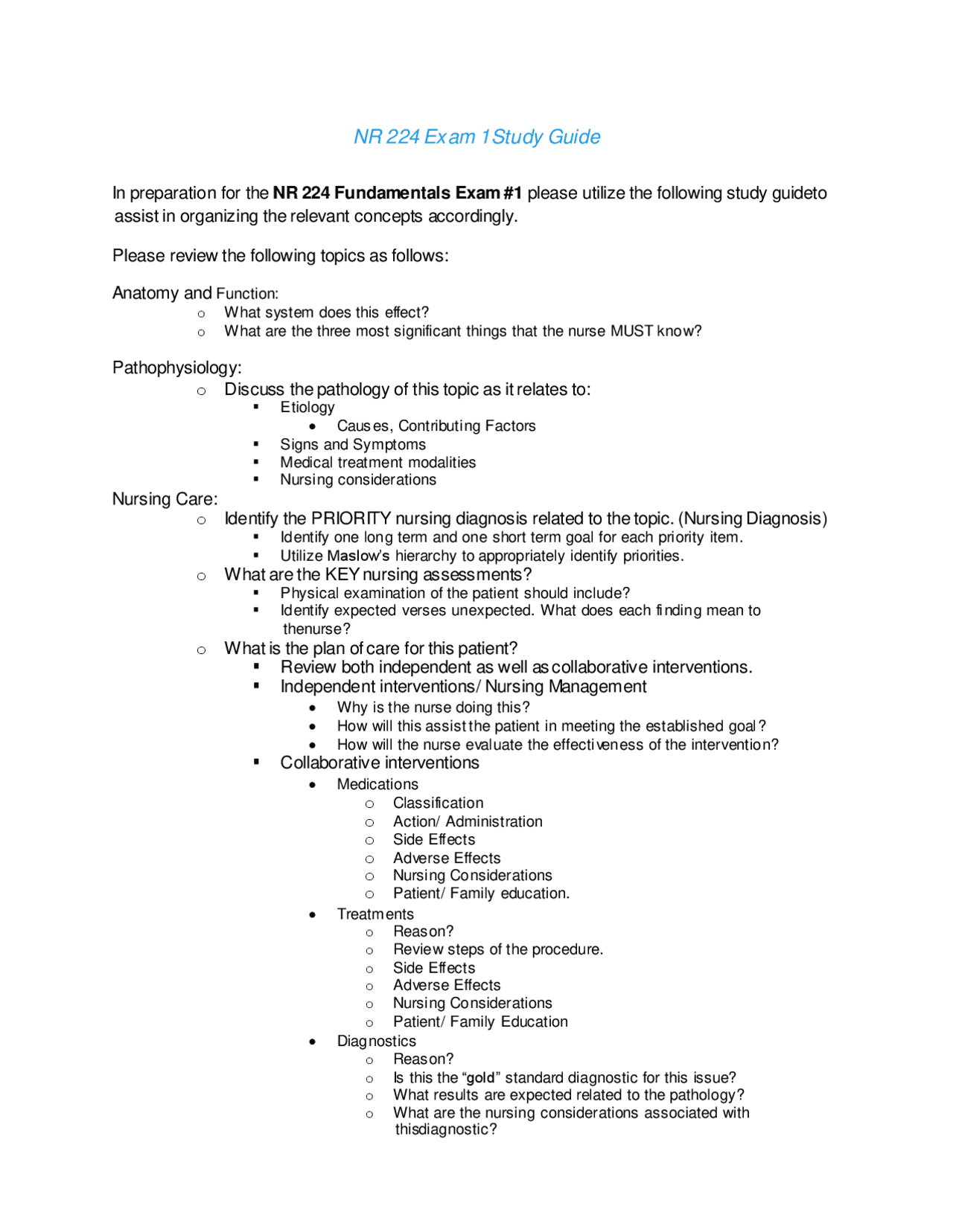 NR224 / NR 224 Exam 1 Study Guide (Latest 2021 / 2022) Fundamentals ...