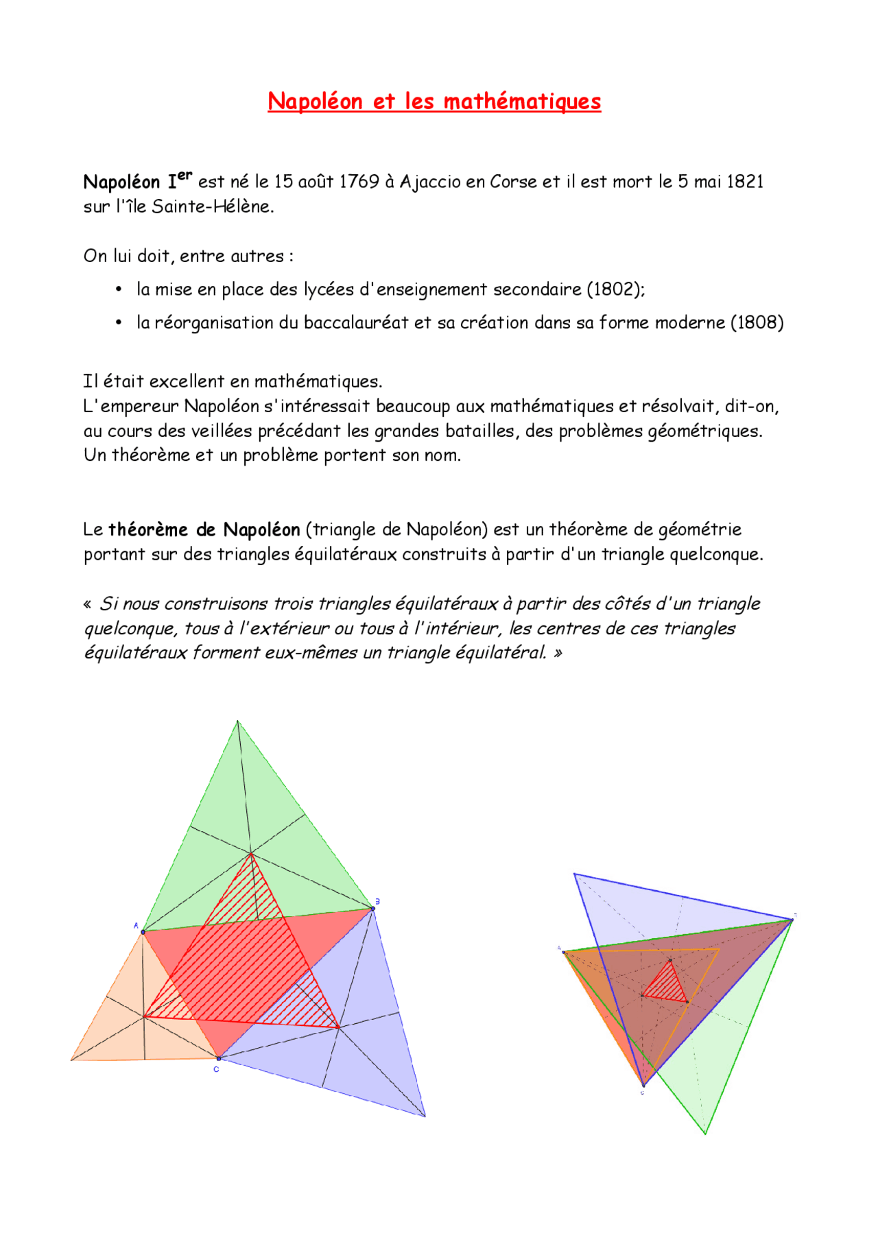 Napolean Triangle Theorem Le théorème de Napoléon (triangle de Napoléon) - Docsity